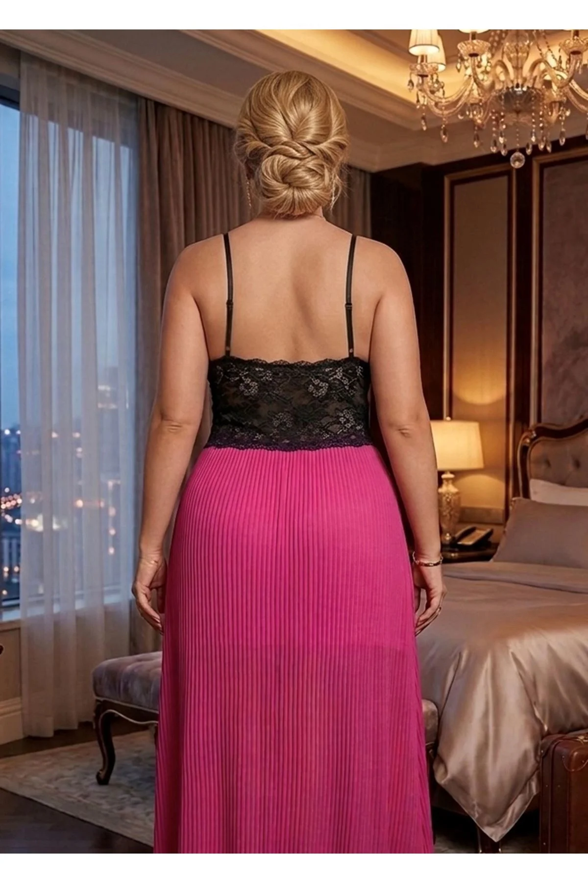 #Gecelik Şık Lüks Dantelli Modern Plus Size Orkide Serisi Büyük Beden Pembe Çift Yırtmaçlı Gecelik