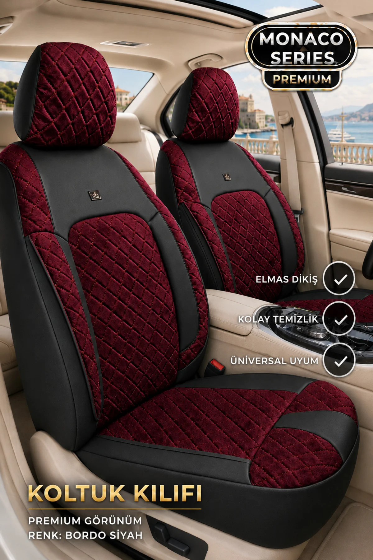 Geely Emgrand 2010 2011 2012 Uyumlu Monaco Serisi Eviza Deri Detaylı Bordo Koltuk Kılıfı