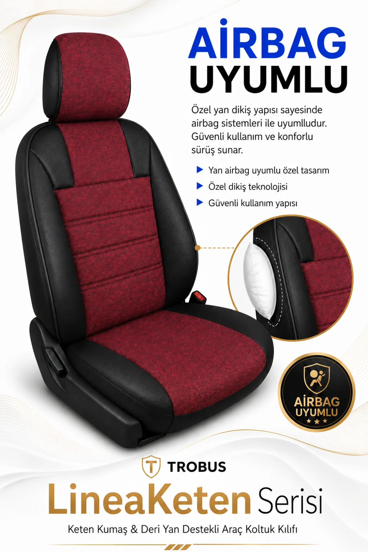 Geely Emgrand 2010-2012 Uyumlu LineaKeten Serisi Ortopedik Bordo Siyah Koltuk Kılıfı