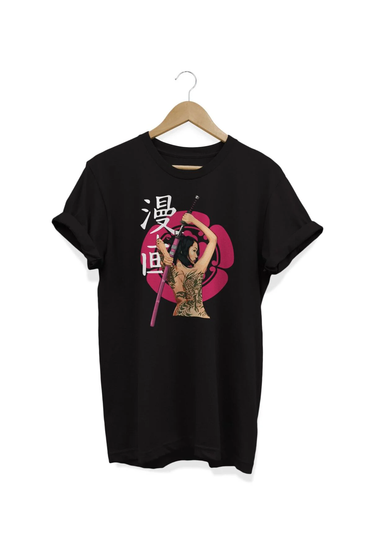 Geisha Japon Kız Katana Baskılı Pamuklu T-shirt