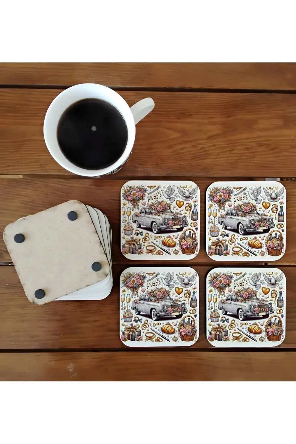 Gelin damat düğün kutlaması gelin arabası ahşap bardak altlığı