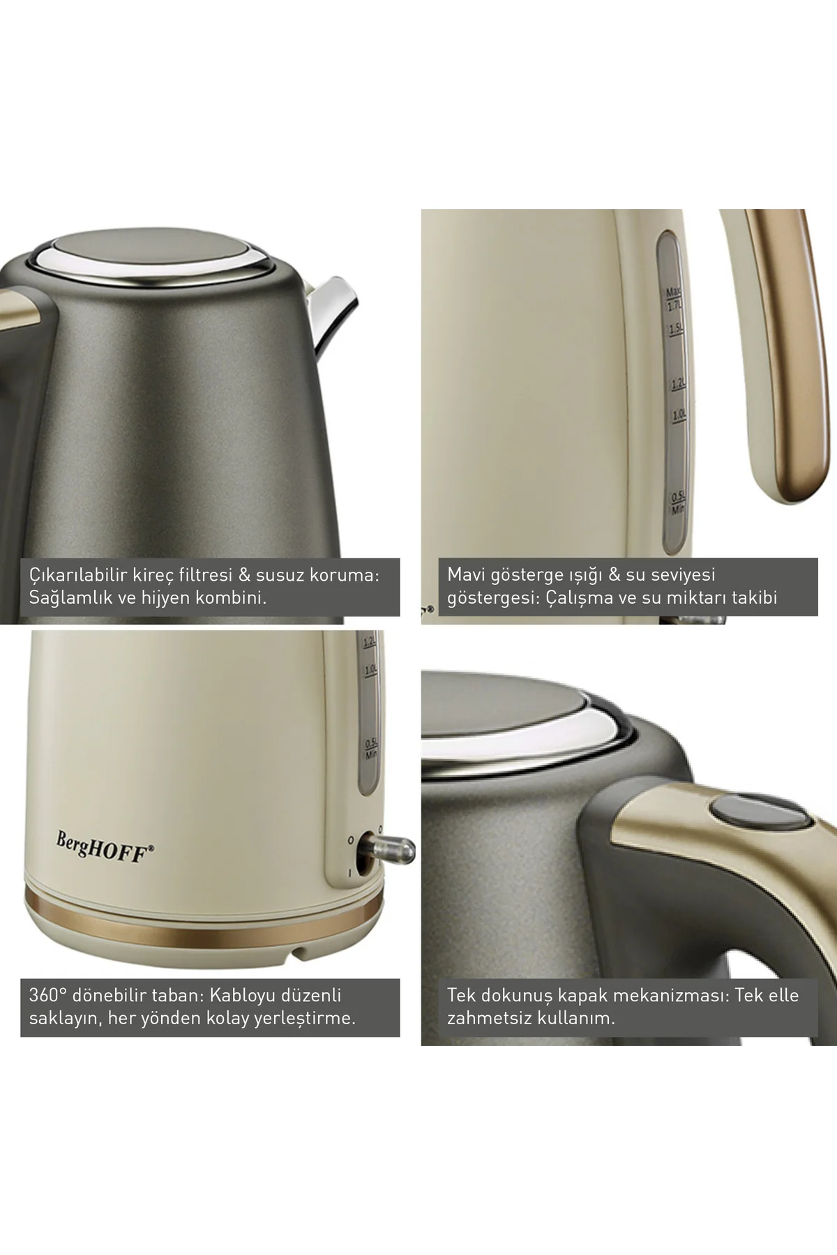 Gem Pearl 1.7 Litre Vanilya Krem Rengi Gold Modern Su Isıtıcı