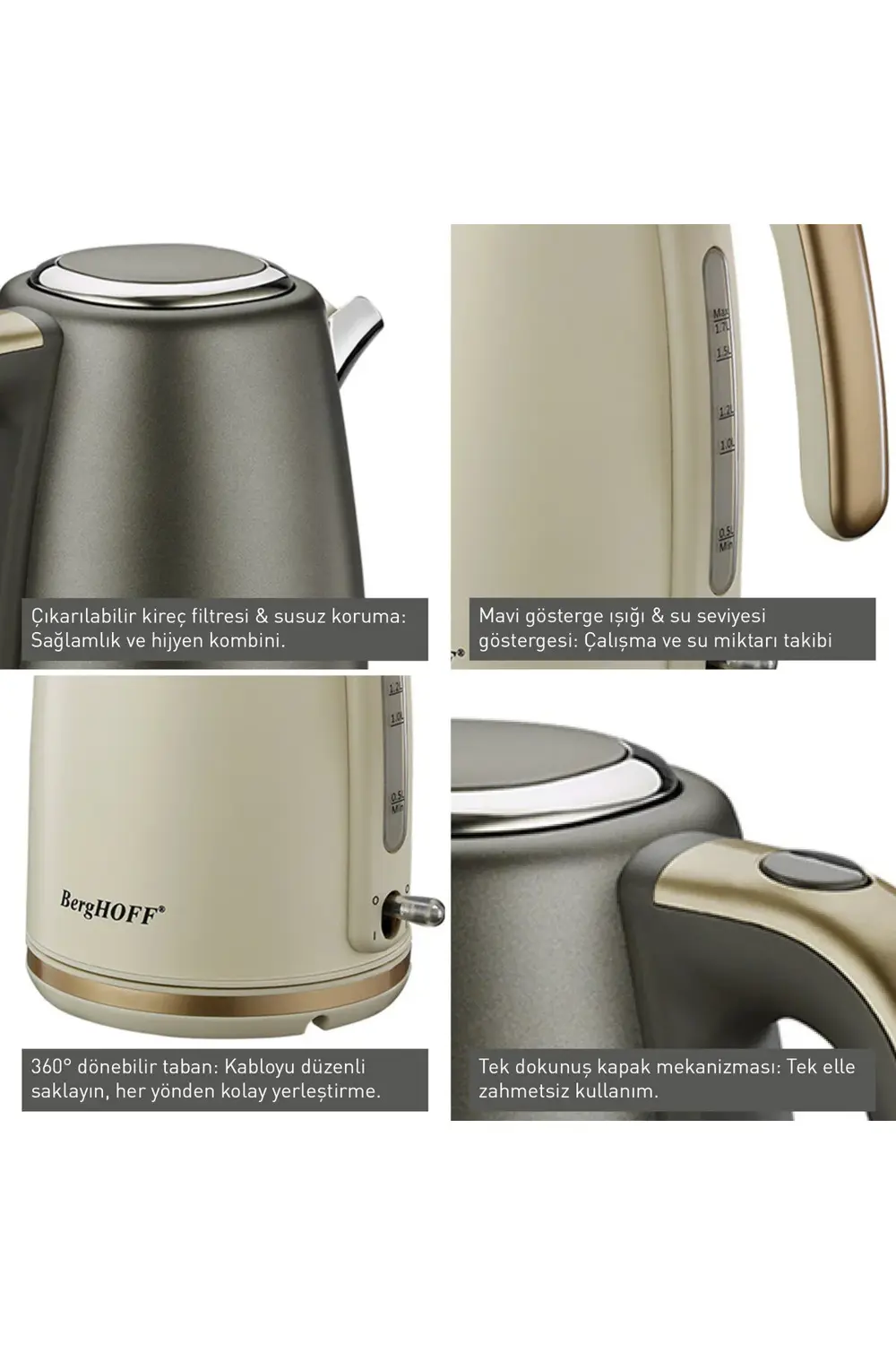 Gem Pearl 1.7 Litre Vanilya Krem Rengi Gold Modern Su Isıtıcı