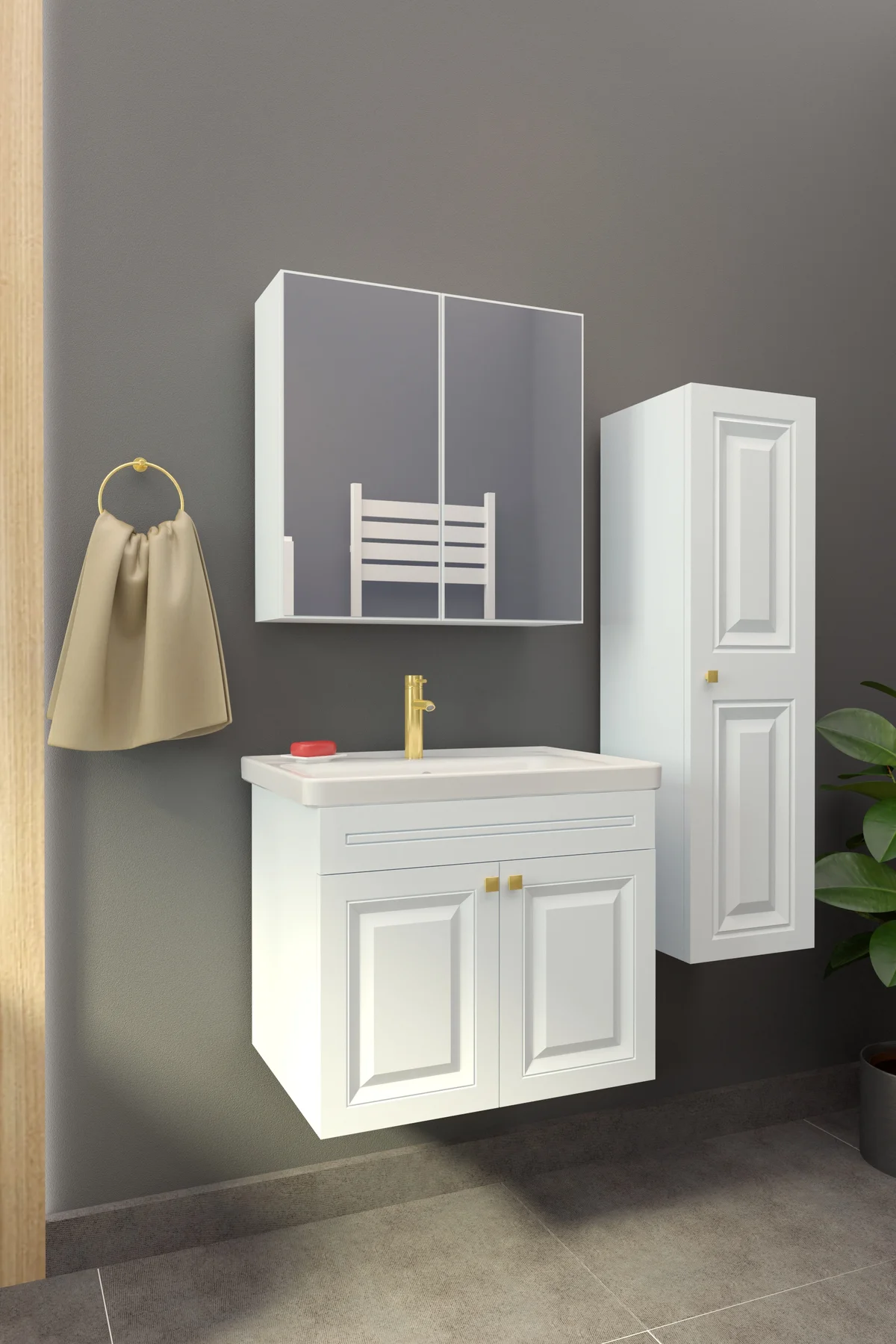 Gemerek Havlu Dolaplı 65cm Seramik Lavabolu Membran Kapaklı MDF A