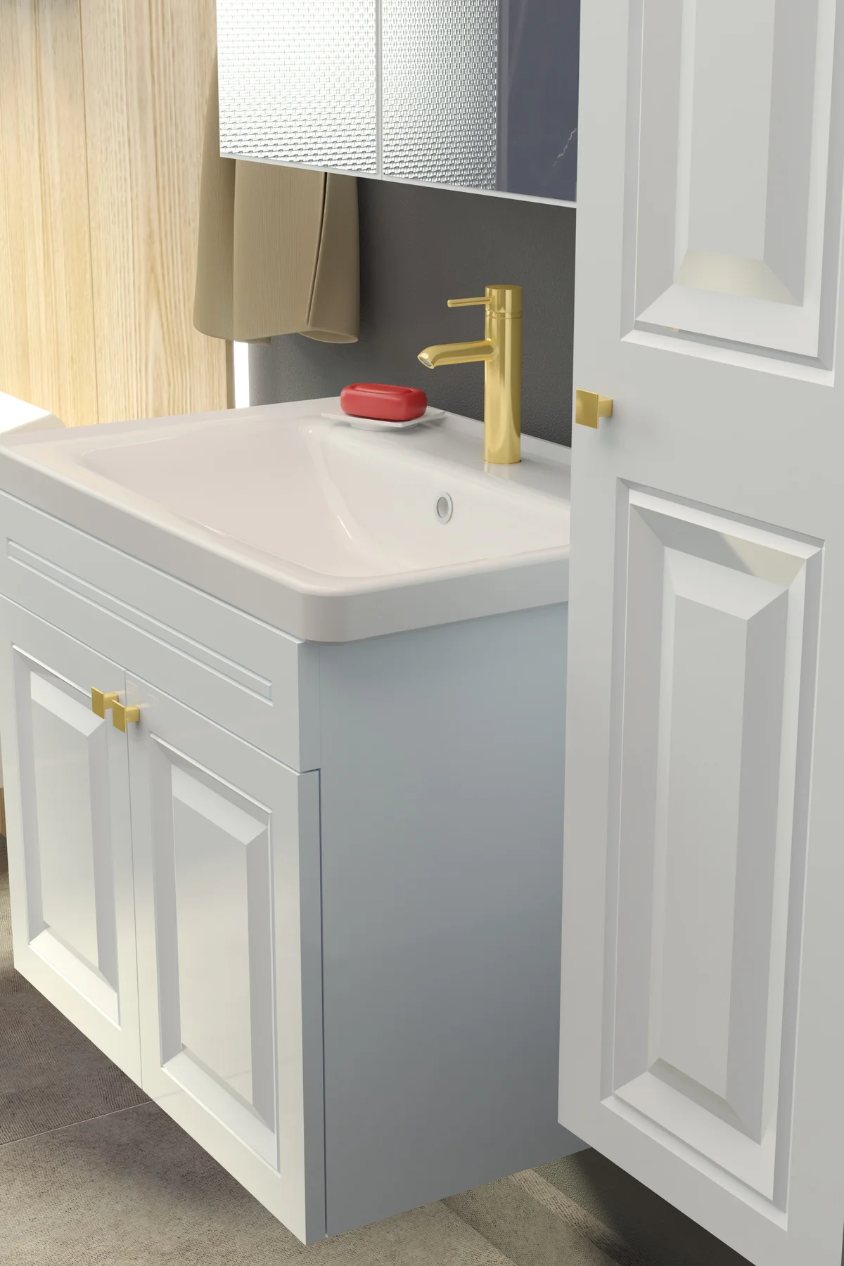 Gemerek Havlu Dolaplı 65cm Seramik Lavabolu Membran Kapaklı MDF A