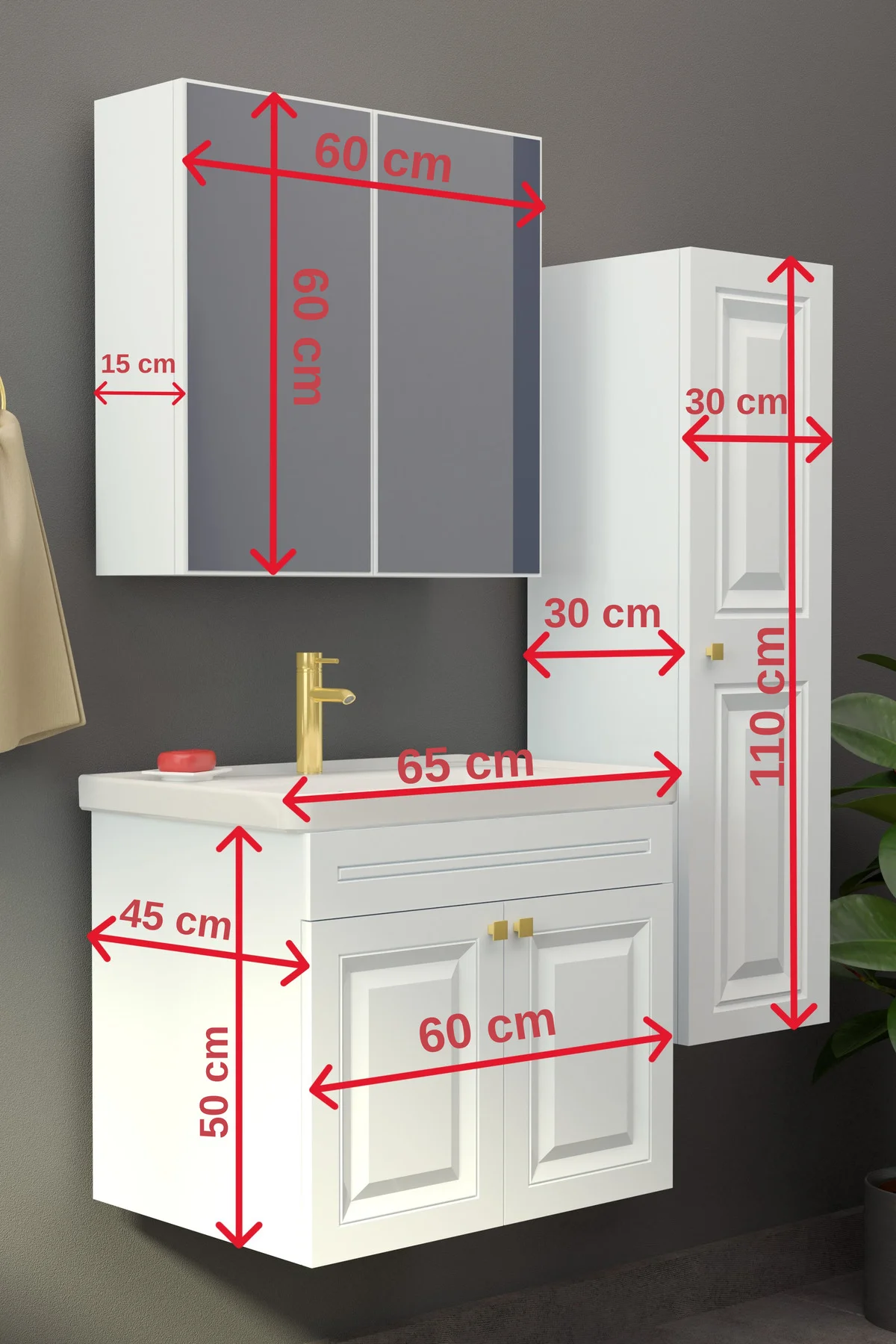 Gemerek Havlu Dolaplı 65cm Seramik Lavabolu Membran Kapaklı MDF A