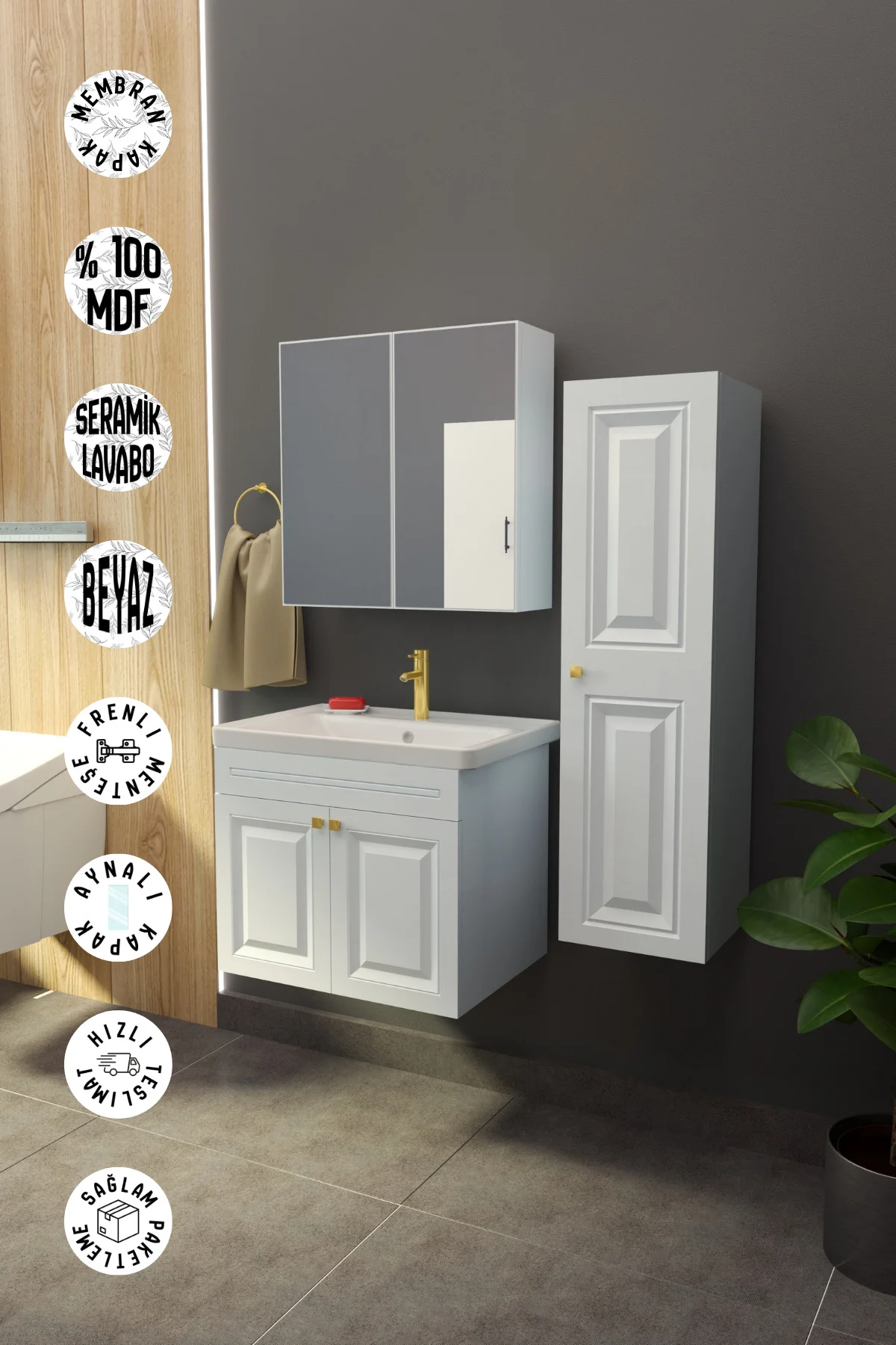 Gemerek Havlu Dolaplı 65cm Seramik Lavabolu Membran Kapaklı MDF A