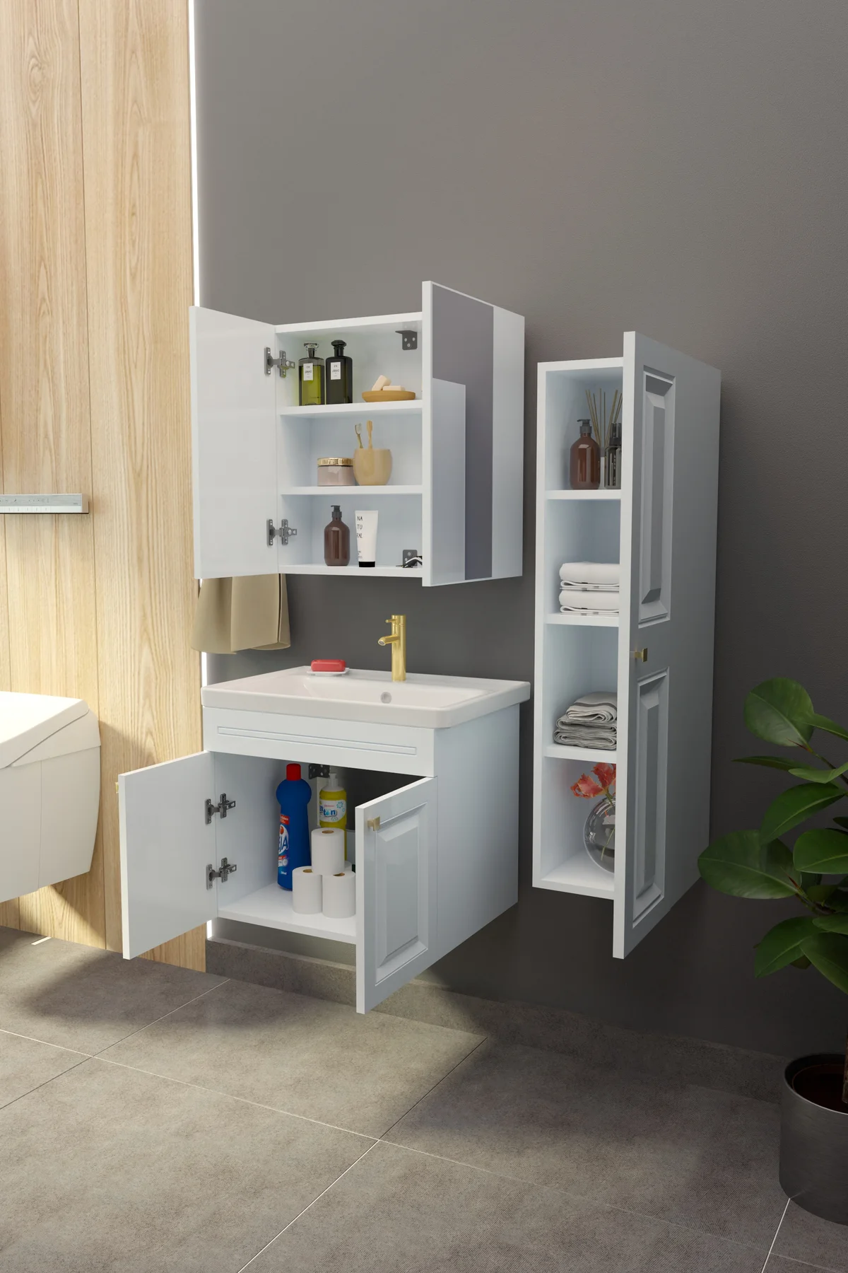 Gemerek Havlu Dolaplı 65cm Seramik Lavabolu Membran Kapaklı MDF A