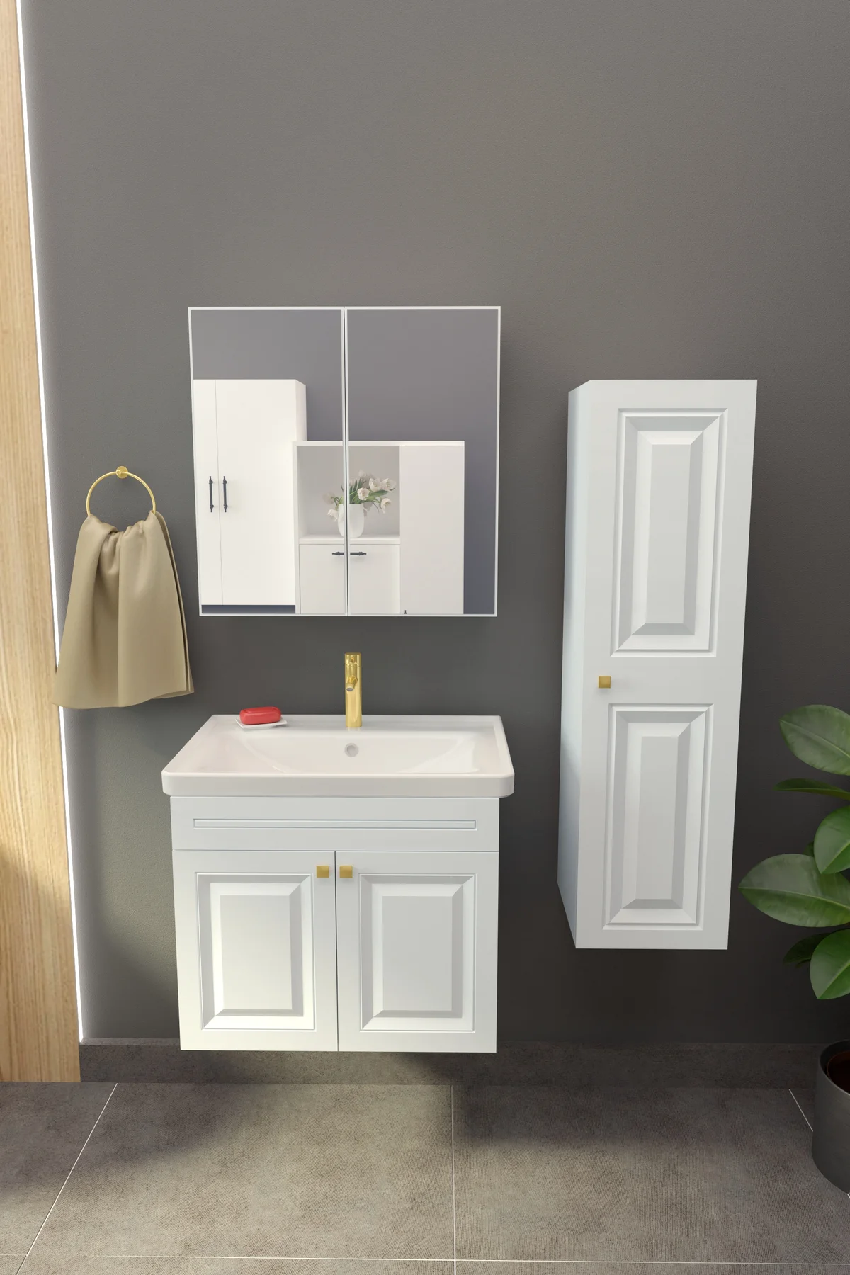 Gemerek Havlu Dolaplı 65cm Seramik Lavabolu Membran Kapaklı MDF A