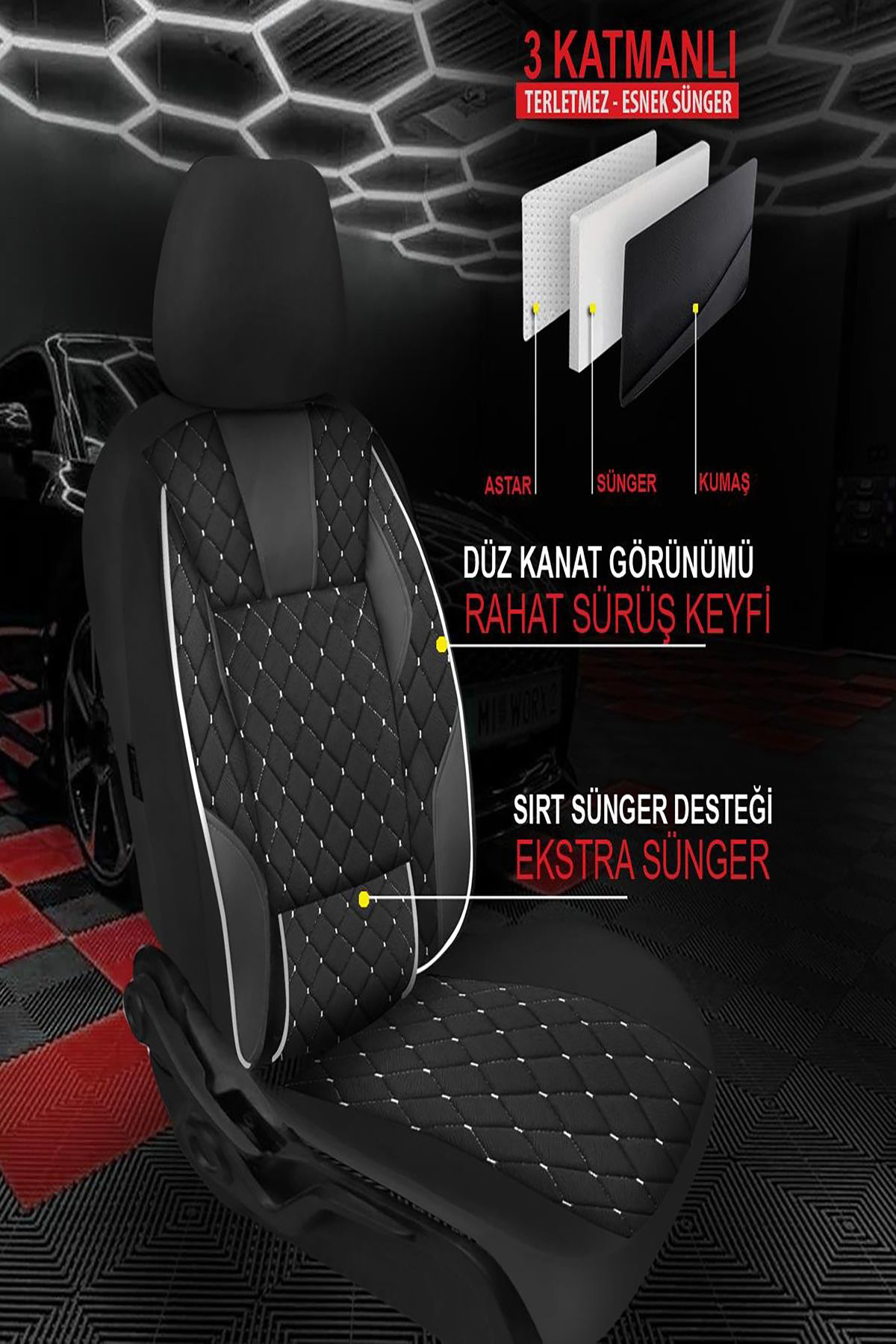 Genesa Serisi Taytüyü Kumaş Deri Detaylı Oto Koltuk Kılıfı Ön Ark