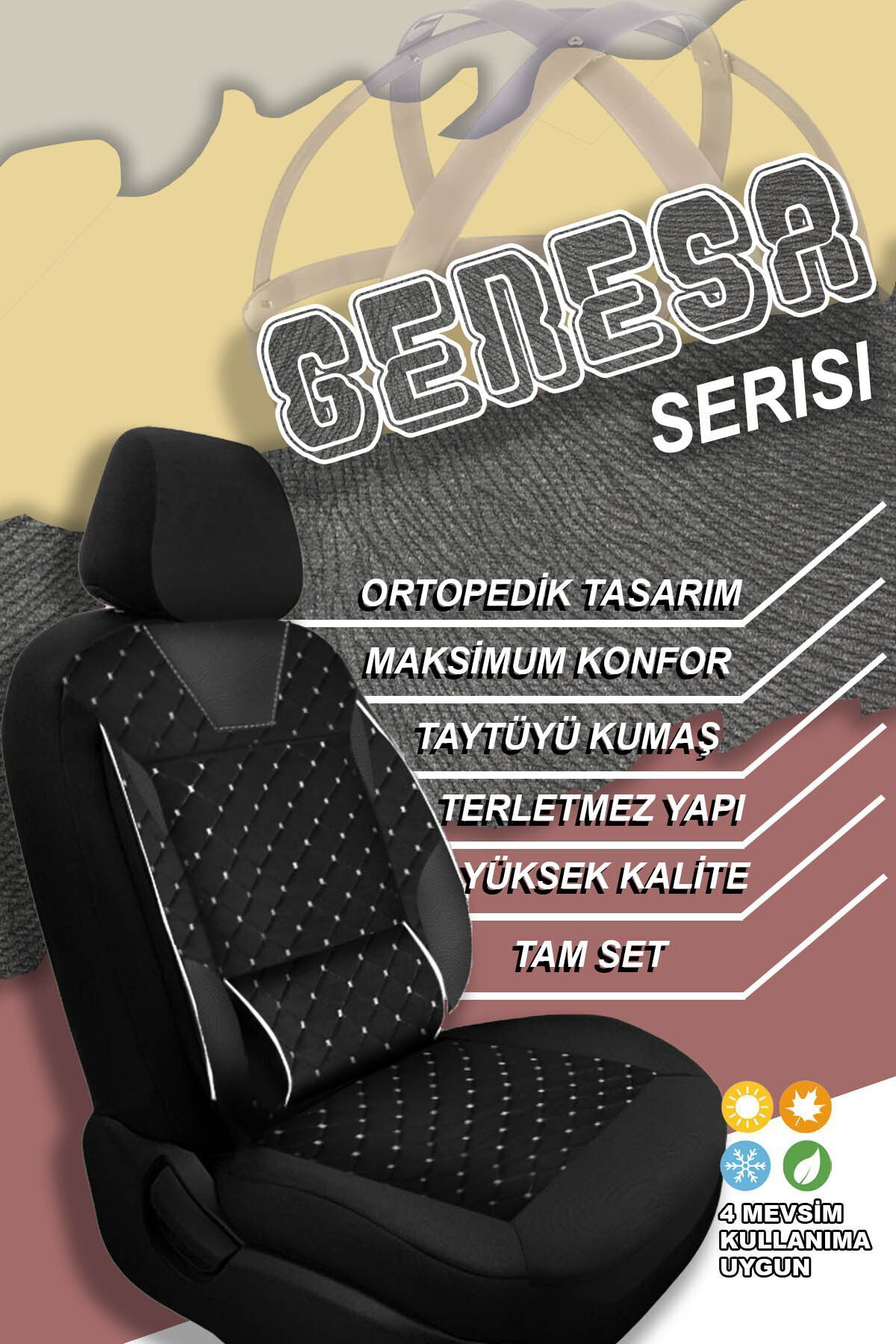 Genesa Serisi Taytüyü Kumaş Deri Detaylı Oto Koltuk Kılıfı Ön Ark