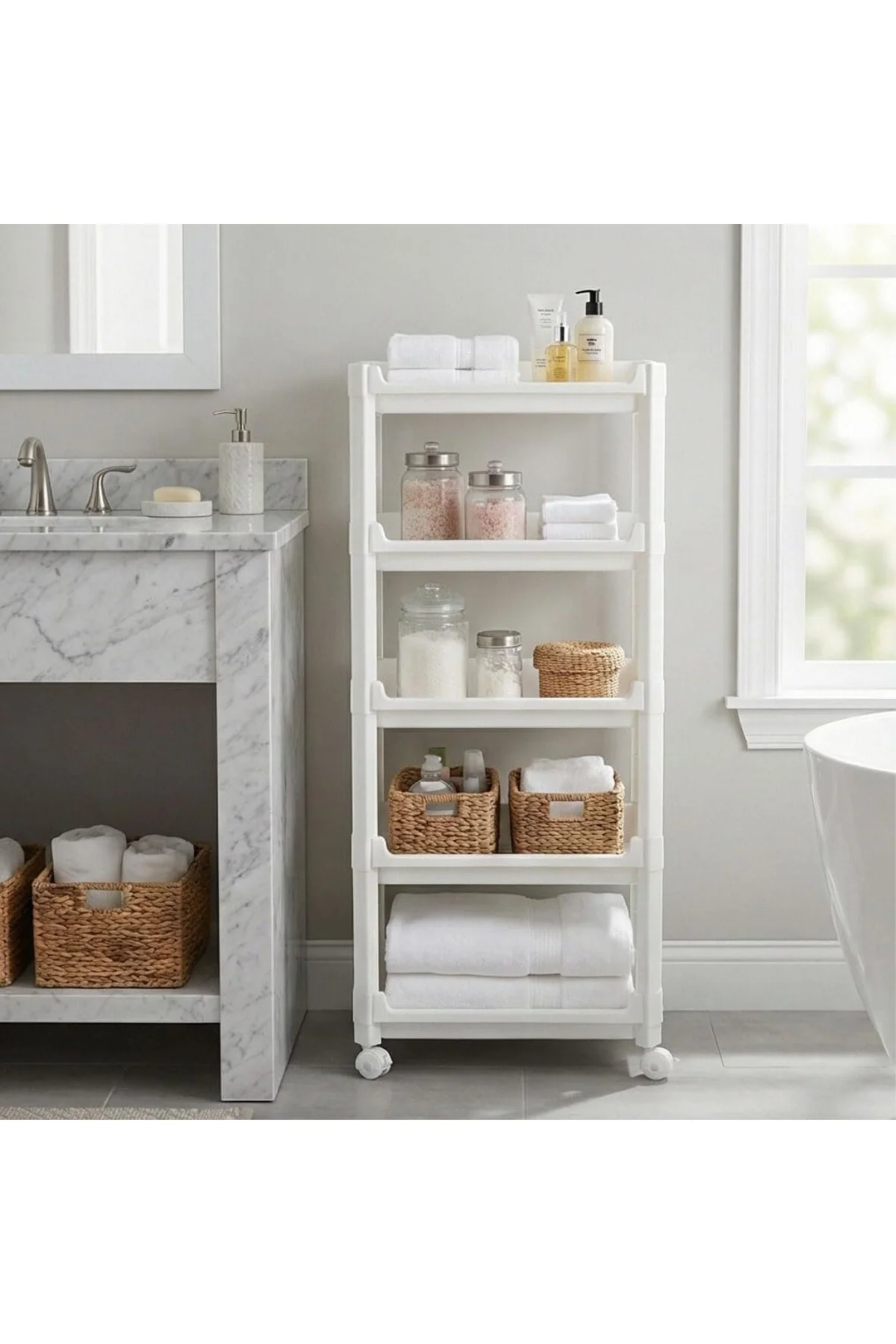 Geniş 5 Katlı Tekerlekli Düzenleyici Raf - Banyo ve Mutfak İçin Ç