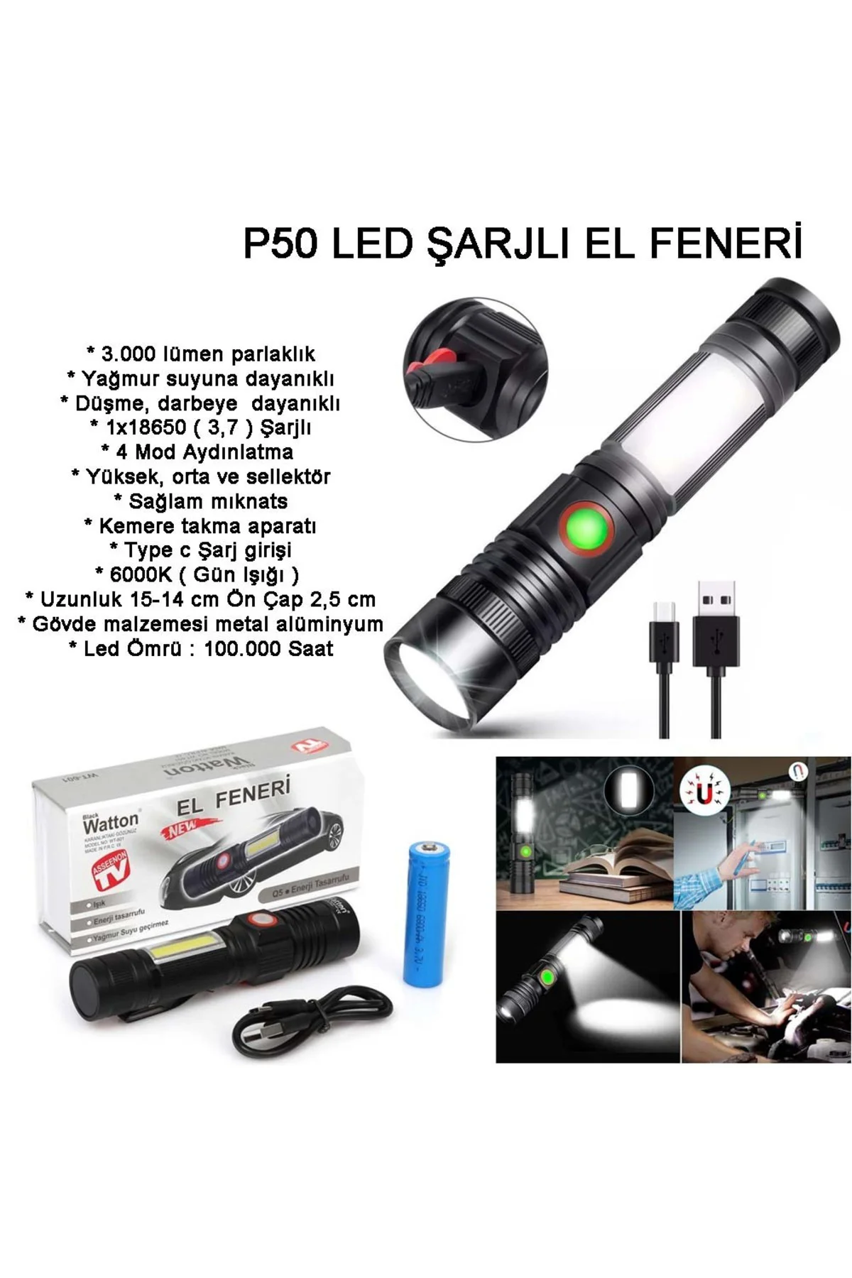 Geniş Açılı P50 Led Şarjlı EL Feneri Watton Wt-601