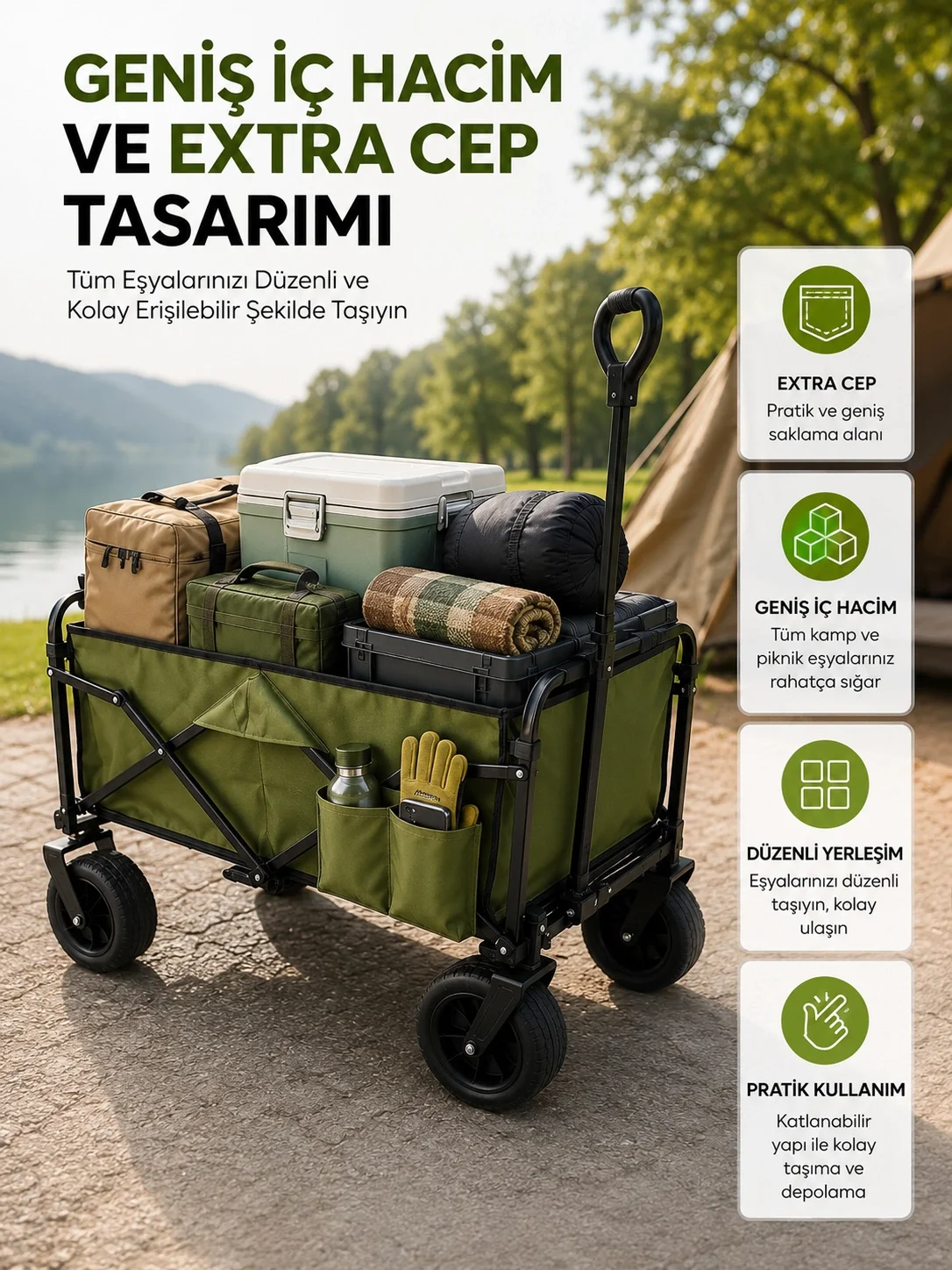 Geniş İç Hacimli Fren Sistemli Katlanabilir Kamp ve Piknik Arabası