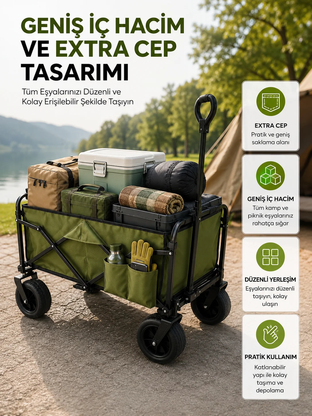 Geniş İç Hacimli Fren Sistemli Katlanabilir Kamp ve Piknik Arabası