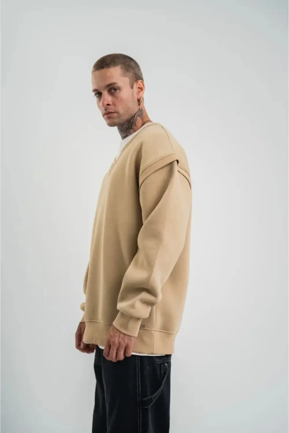 Geniş V Yaka Kol Ribana Detaylı SweatShirt - Bej