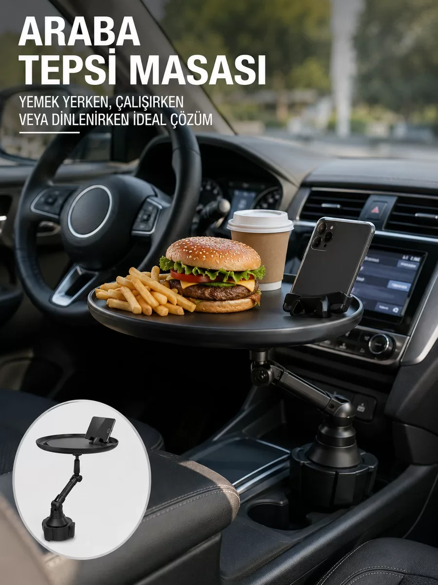 Geniş Yüzeyli 360° Ayarlanabilir Araç İçi Bardaklık Tepsisi ve Telefon Standı