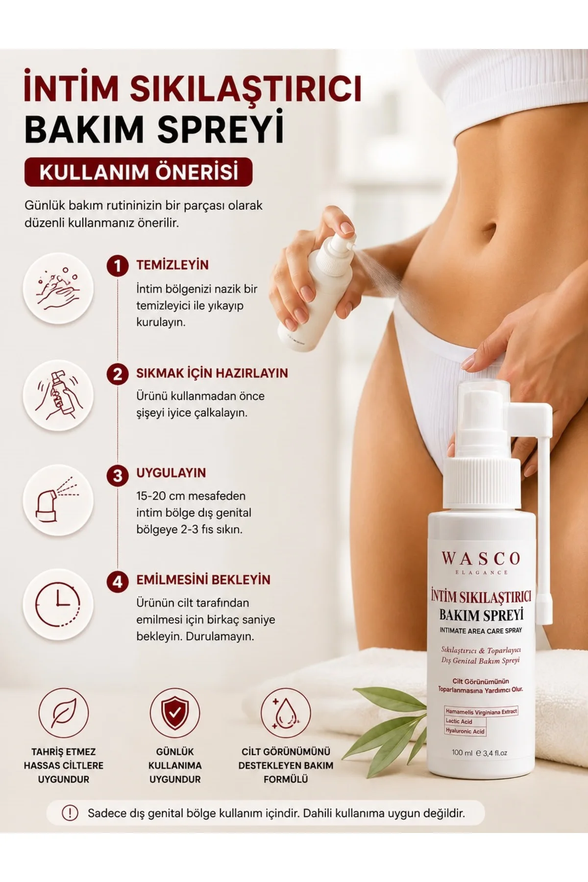 Genital Sıkılaştırıcı – Toparlayıcı Bakım Spreyi 100 ml | Genital Bölge Günlük Bakım Spreyi | Hyaluronik Asit & Hamamelis