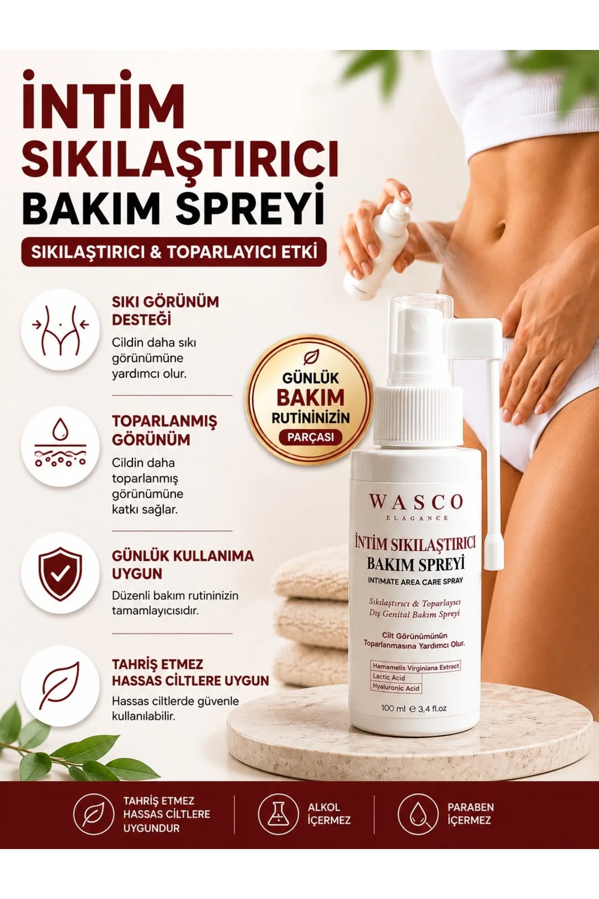 Genital Sıkılaştırıcı – Toparlayıcı Bakım Spreyi 100 ml | Genital Bölge Günlük Bakım Spreyi | Hyaluronik Asit & Hamamelis
