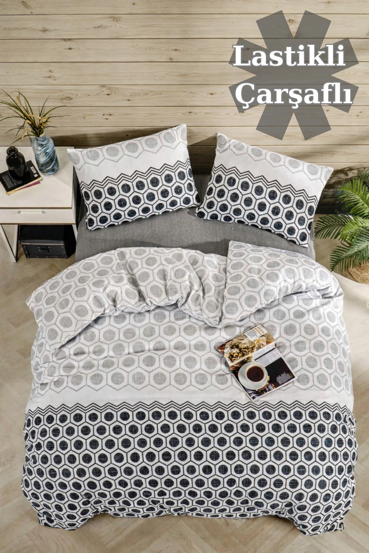 Geometrik Çarşafı Lastikli Antrasit Tek Kişilik Nevresim Takımı