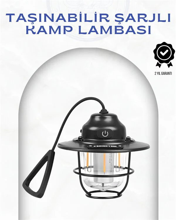 Geometrik Tasarımlı Vintage Kamp Lambası – Type-C Şarj, Ayarlanabilir Parlaklık ve Su Geçirmez