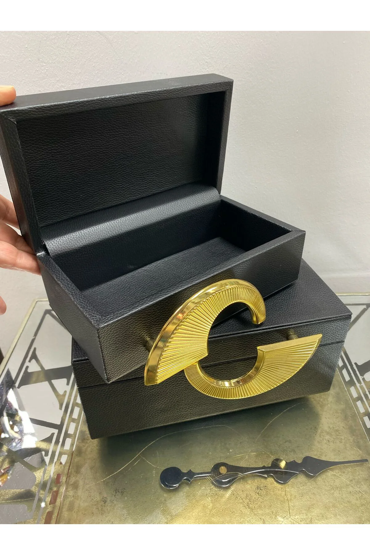 Gerçek Deri İkili Gold Detaylı Dekoratif Kutu Siyah