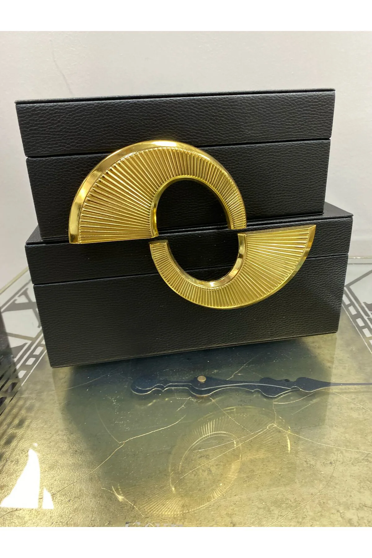 Gerçek Deri İkili Gold Detaylı Dekoratif Kutu Siyah