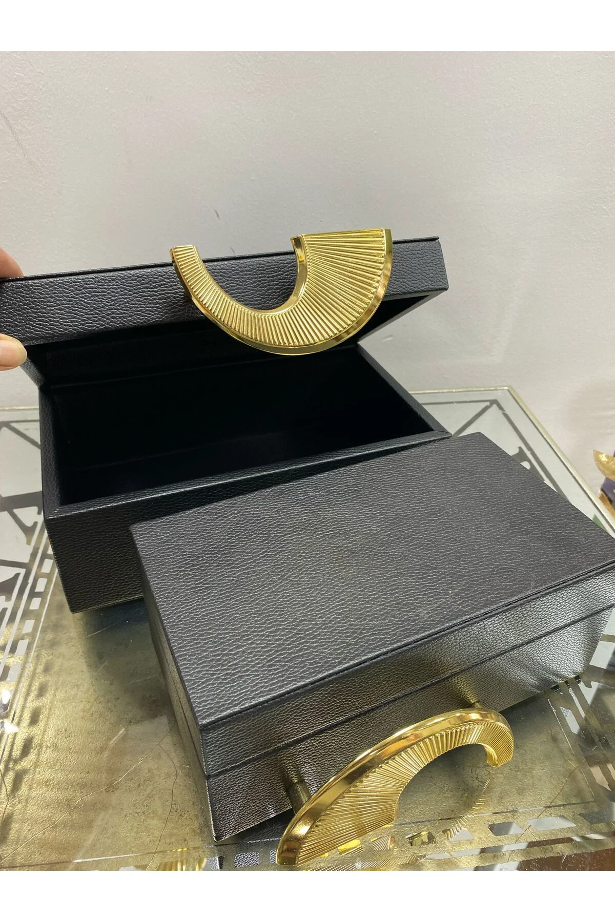 Gerçek Deri İkili Gold Detaylı Dekoratif Kutu Siyah