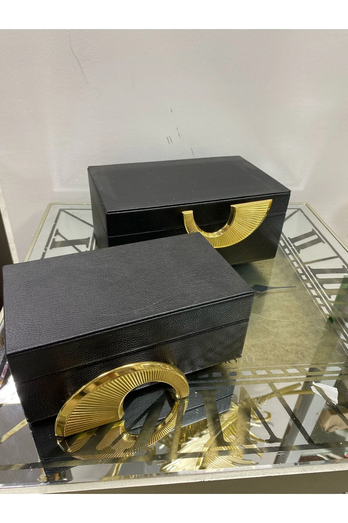 Gerçek Deri İkili Gold Detaylı Dekoratif Kutu Siyah
