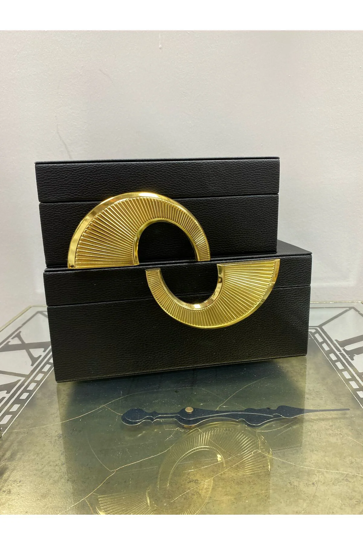 Gerçek Deri İkili Gold Detaylı Dekoratif Kutu Siyah