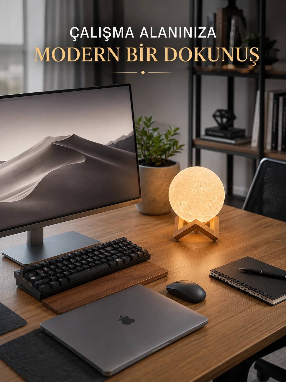 Gerçekçi Ay Dokulu Dekoratif Gece Lambası USB Şarjlı Ay Işığı