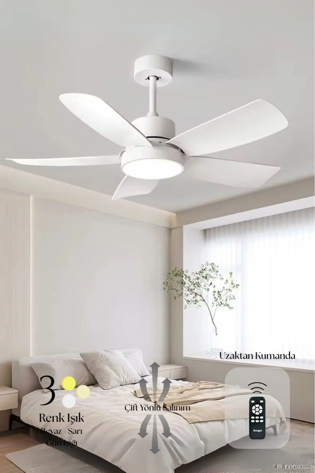 German Beyaz 110 CM 5 Kanatlı Süper Sessiz 3 Renk Uzaktan Kumanda