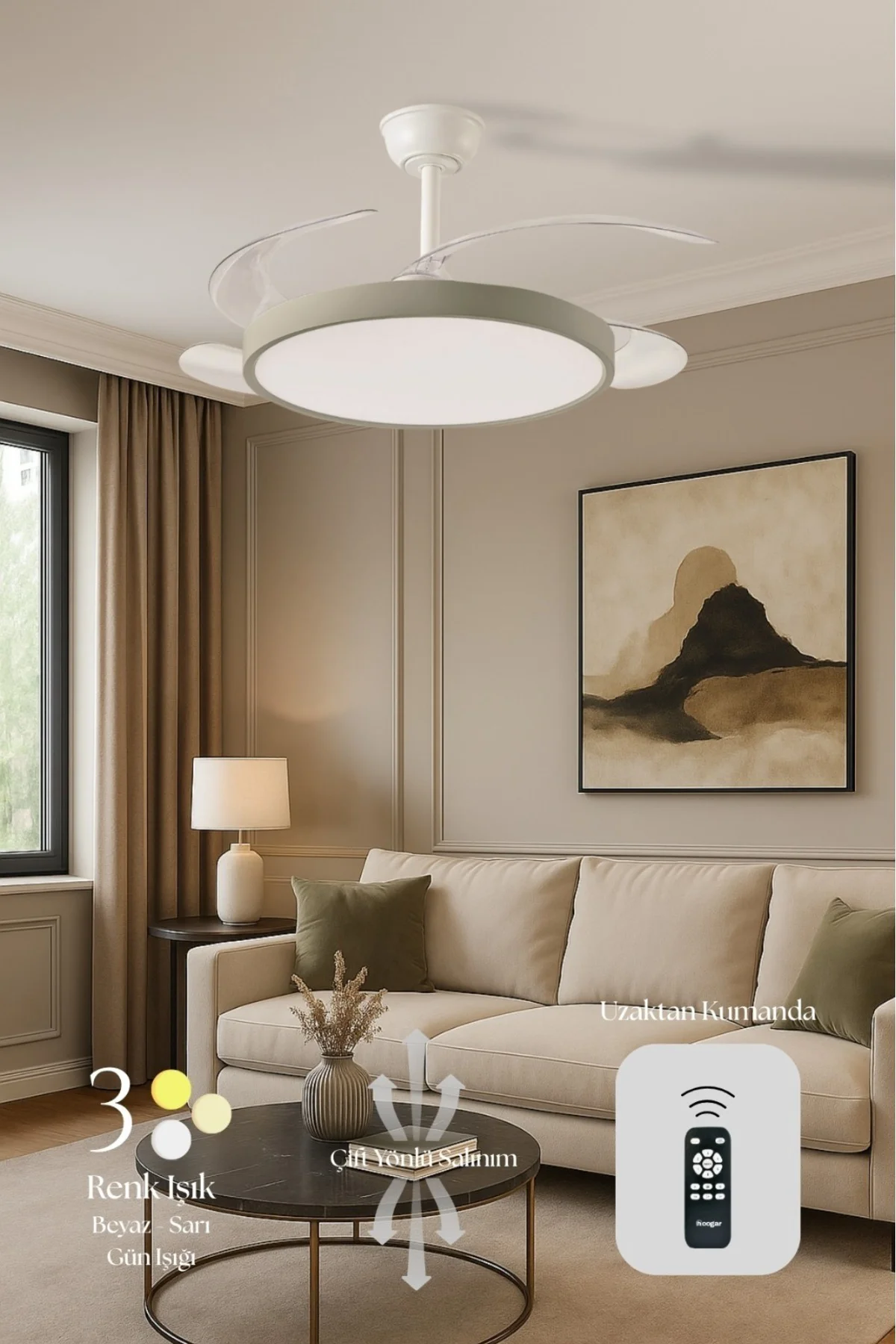German Kalt GREY Seri Tavan Vantilatörü 3 Renk Ledli Gizli Pervan