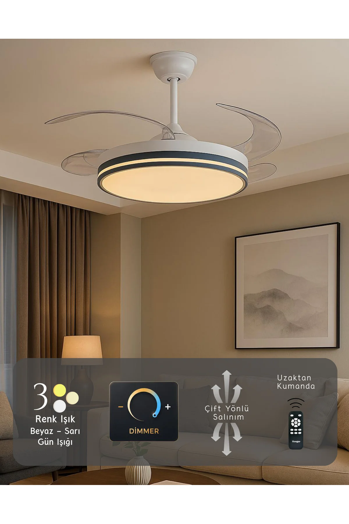 German Kuhle Antrasit Tavan Vantilatörü 3 Renk Led Gizli Pervaneli Kumandalı Dimmer Ayarlı Bl Sistem Isınmaz Motor