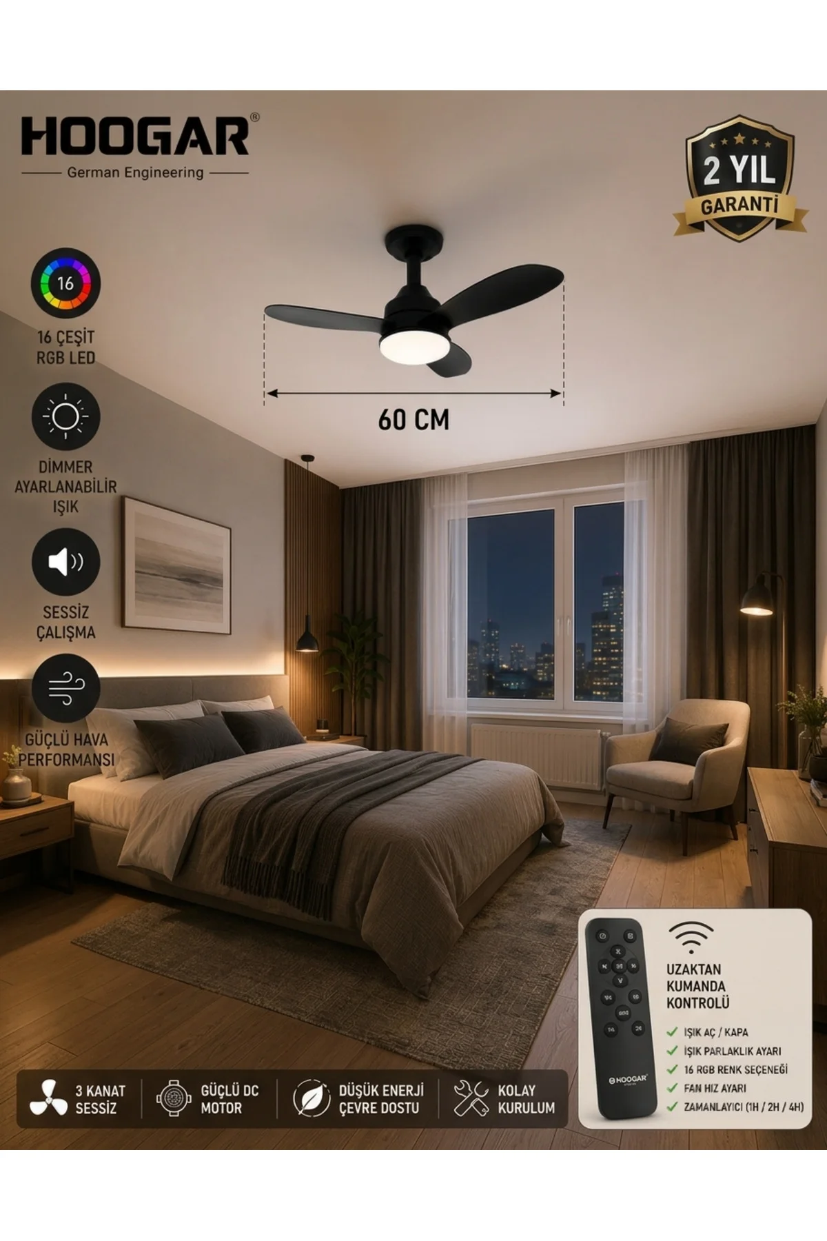 German New Black Super Fan 60 CM Kalın Kanat Dim Ayarlı Tavan Van