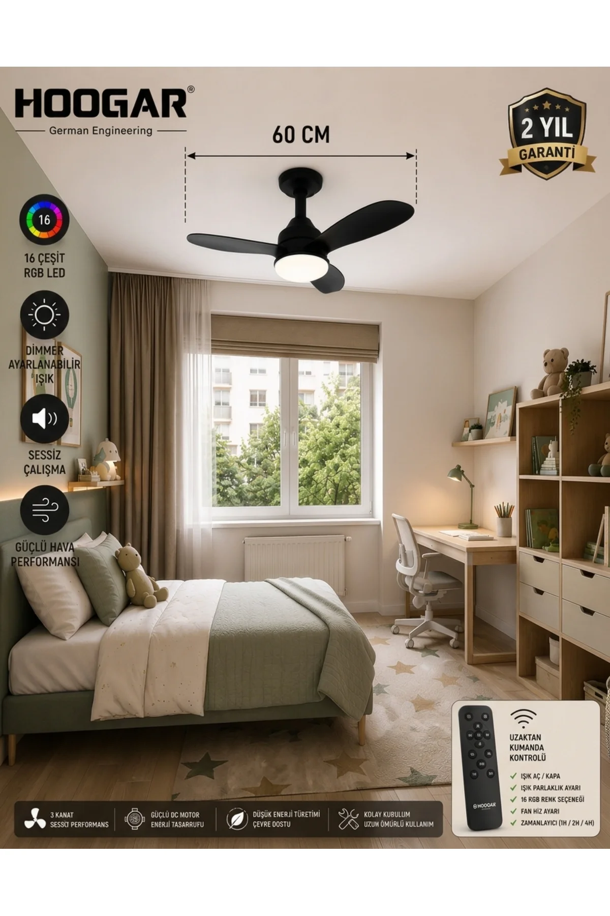 German New Black Super Fan 60 CM Kalın Kanat Dim Ayarlı Tavan Van