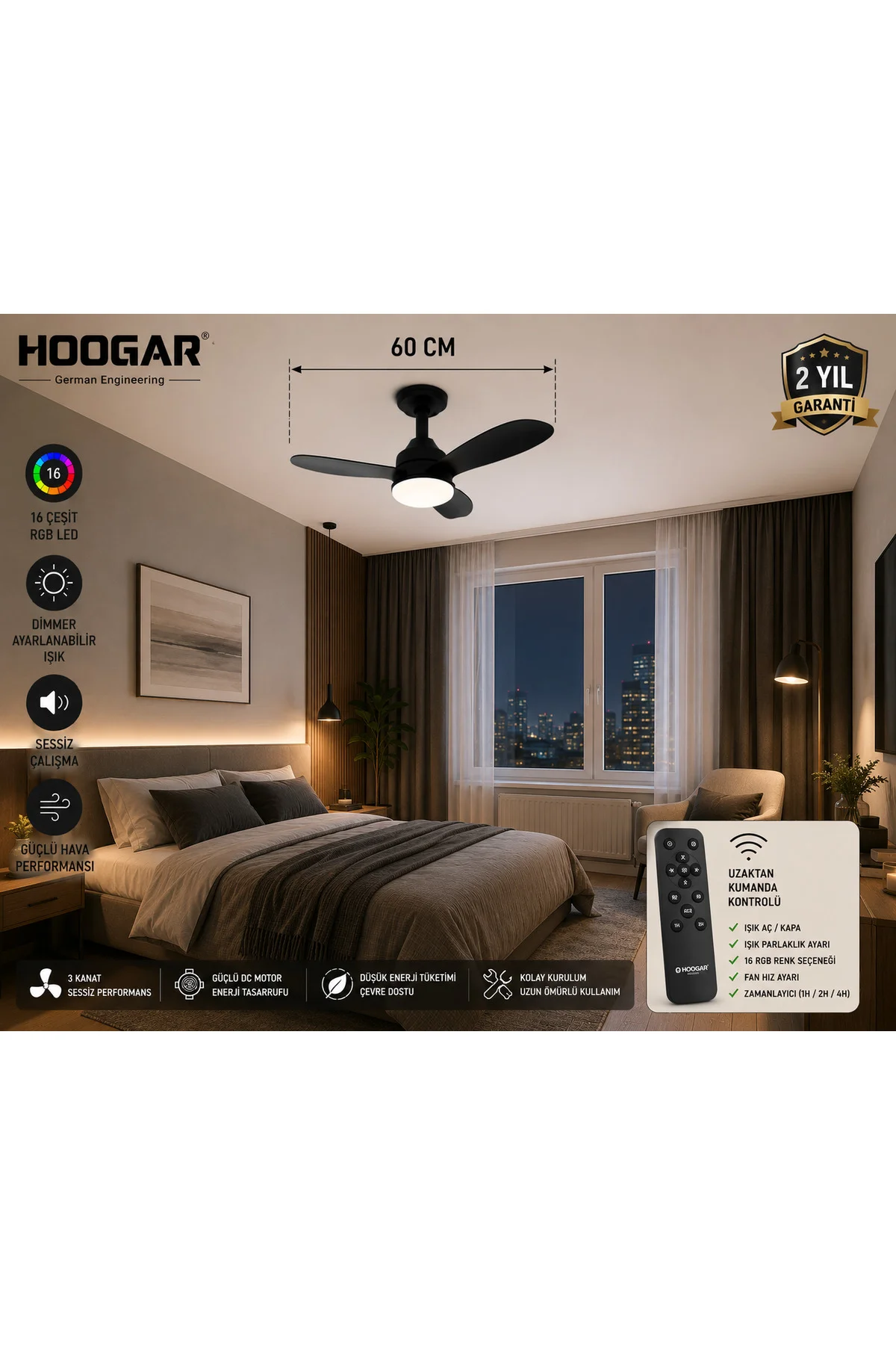 German New Black Super Fan 60 CM Kalın Kanat Dim Ayarlı Tavan Van