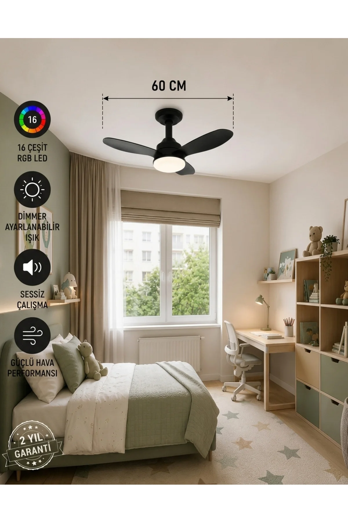 German New Black Super Fan 60 CM Kalın Kanat Dim Ayarlı Tavan Vantilatörü RGB Led 18 Renk Sessiz Sinek Kovar