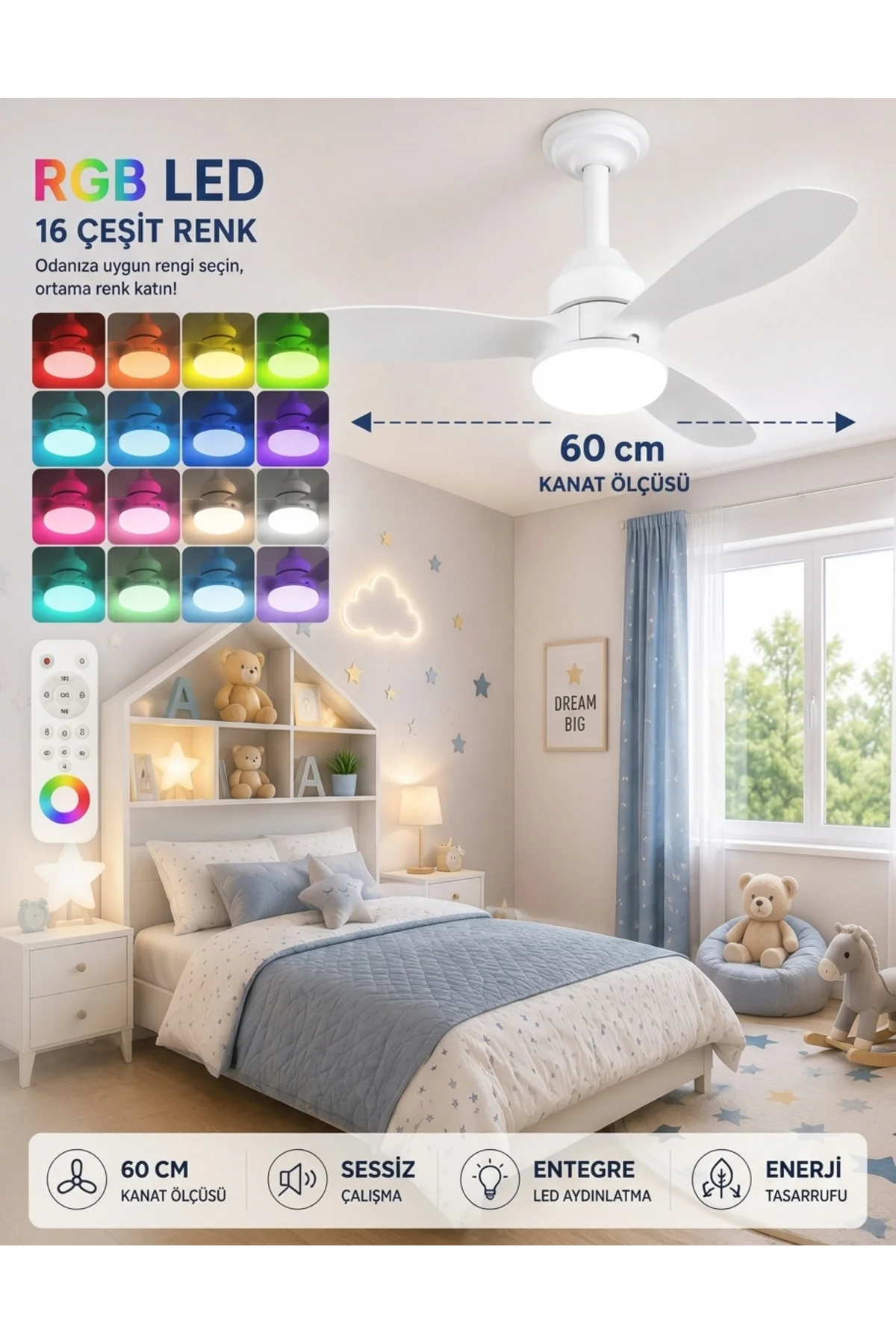 German New White Super Fan 60 CM Kalın Kanat Dim Ayarlı Tavan Van