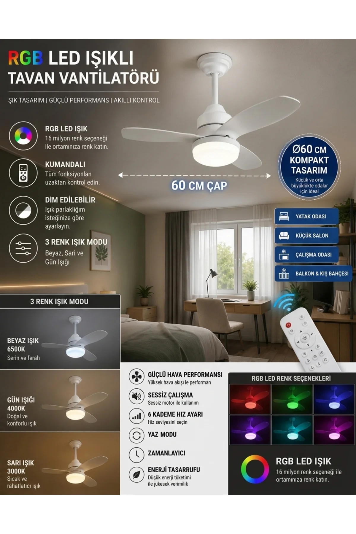 German New White Super Fan 60 CM Kalın Kanat Dim Ayarlı Tavan Vantilatörü RGB Led 16 Renk Sessiz Sinek Kovar