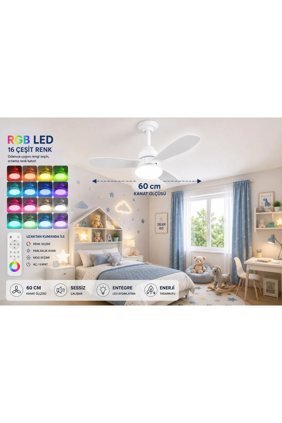 German New White Super Fan 60 CM Kalın Kanat Dim Ayarlı Tavan Van