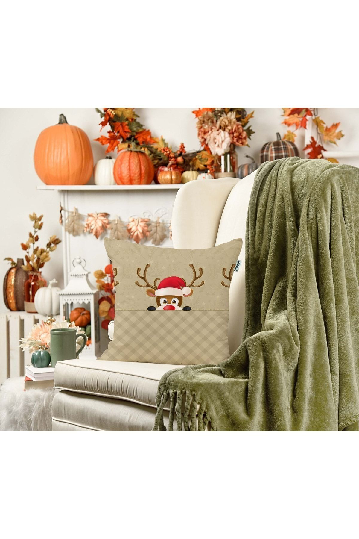 Sakallı Geyik Desen 3D Digital Dekoratif Kırlent Kılıfı