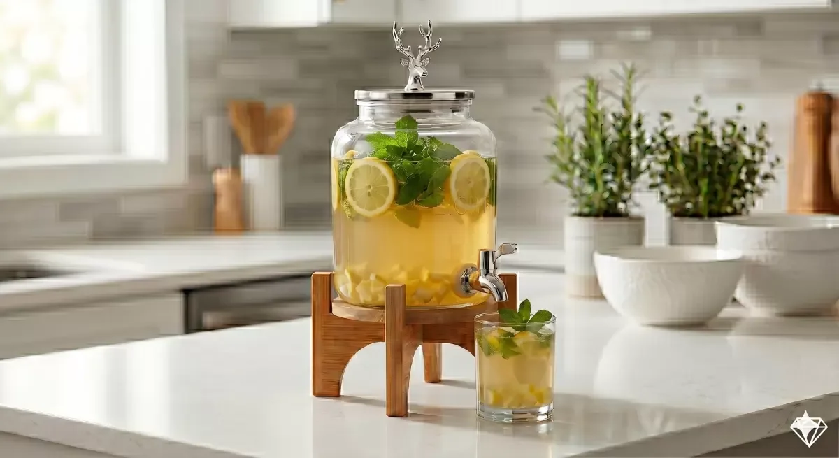 Geyik Figürlü Gümüş Lüks Cam İçecek Sebili - 3.6 Litre Bambu Standlı Meyve Suyu Kovası