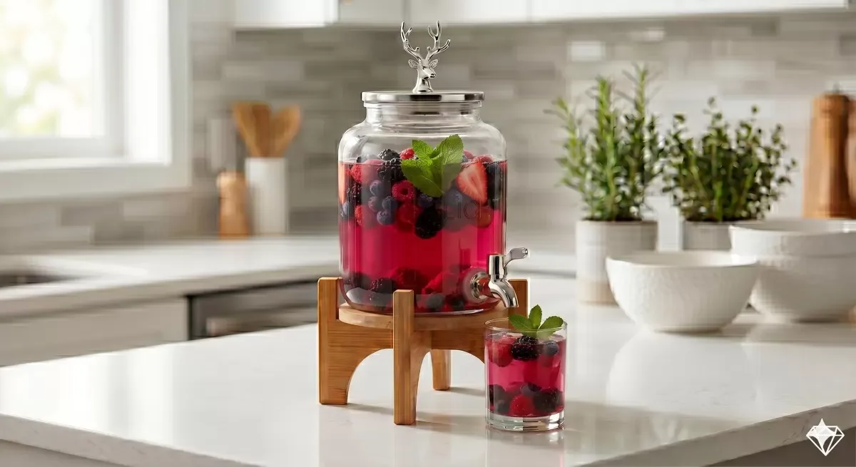 Geyik Figürlü Gümüş Lüks Cam İçecek Sebili - 3.6 Litre Bambu Standlı Meyve Suyu Kovası