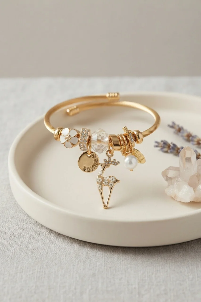 Geyik Model Gold Renk Beyaz Charmlı Bileklik - Lisinya Diğer