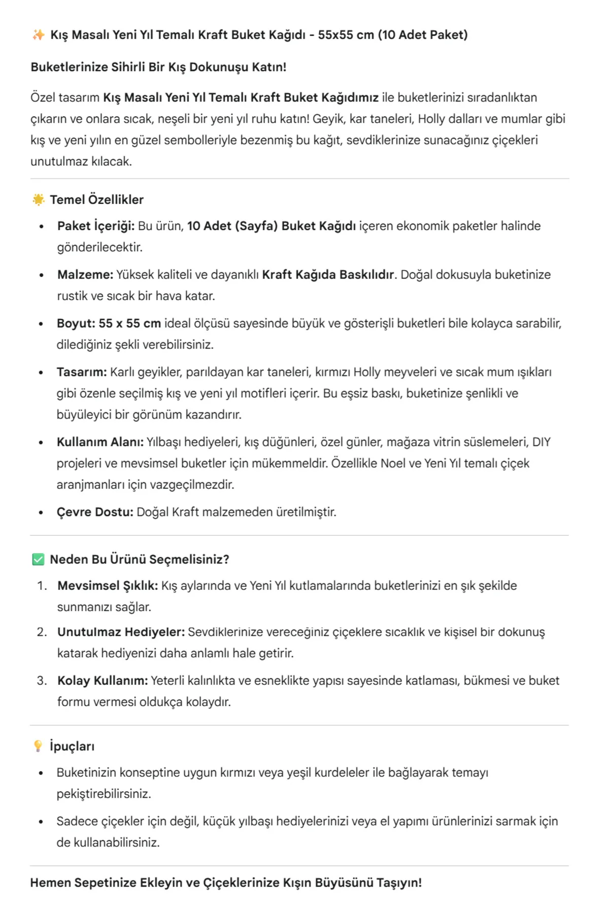 Geyikli Kış Temalı Çiçek Sarma Kağıdı / Kar Tanesi Desenli Yeni Y
