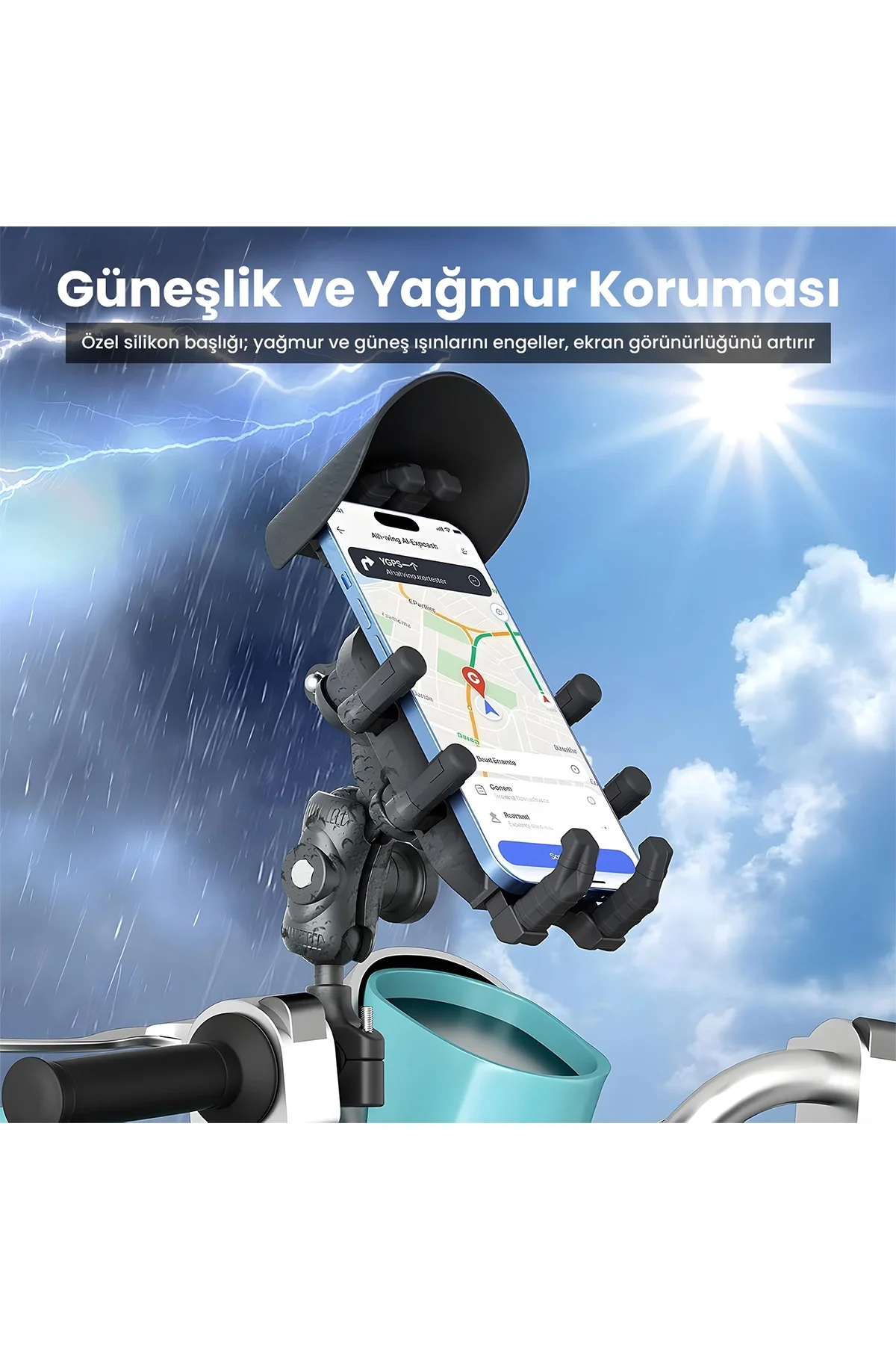 Gidon Bağlantılı Güneş Ve Yağmur Korumalı 360° Derece Ayarlanabilir Motosiklet Bisiklet Telefon Tutucu - Görsel 4