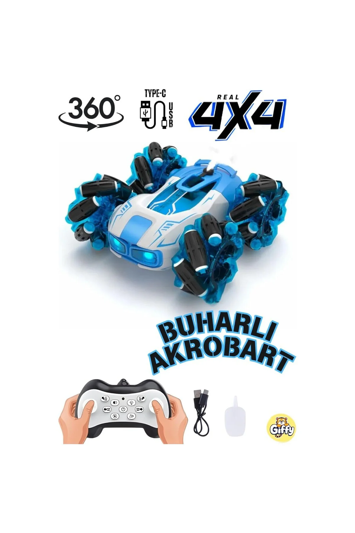 Giffy / 4X4 Buhar Atan Şarjlı Full Fonksiyon Uzaktan Kumandalı Ak