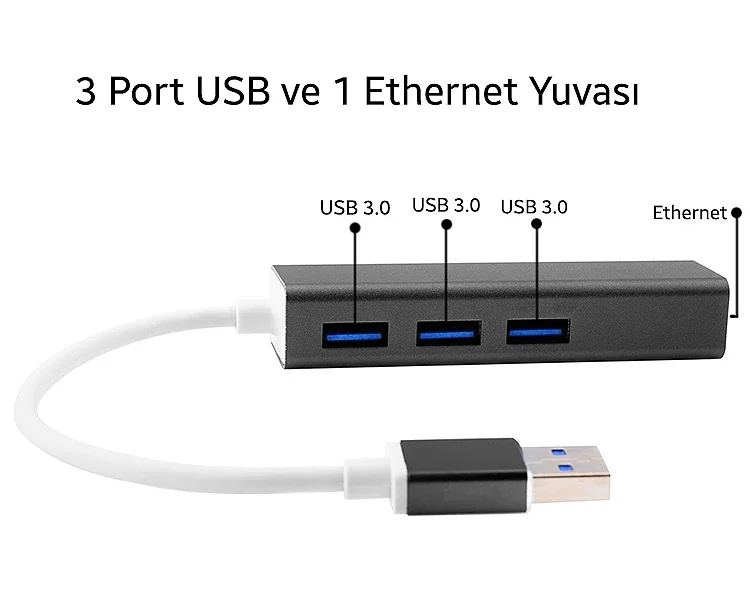 Gigabit USB 3.0 Çoklayıcı ve Ethernet Adaptörü - 3 Port, 5 Gbps Hız