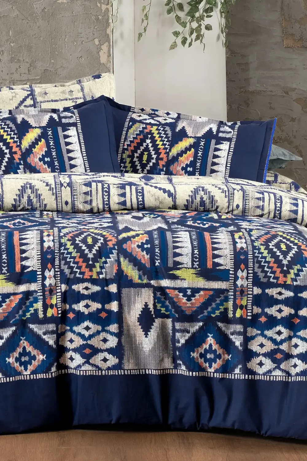 Sarev Gilya Mavi King Size (Battal Boy) %100 Pamuk Poplin Yıkamalı Çift